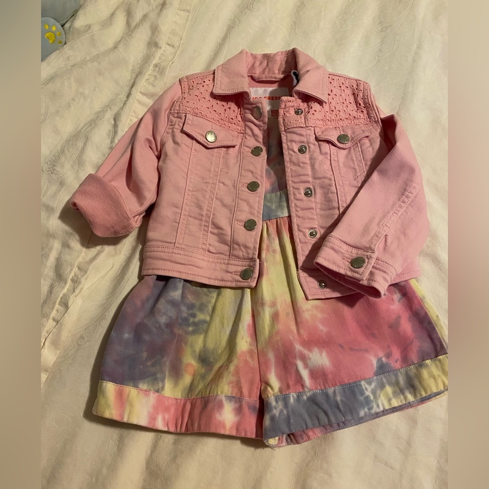 PRACTICALLY NEW : Tie dye Raffle romper (Nordstrom) + JEOFRESH Soft JEAN Jacket
